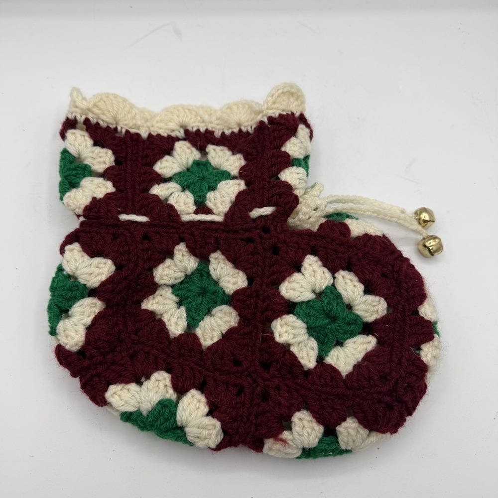Vintage Knit Granny Square Christmas Bootie Stocking White Burgundy Green 10"